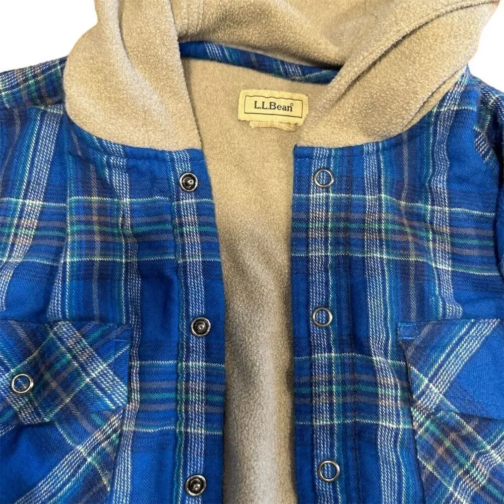 LL Bean Boys‎ Large Blue Plaid Flannel Hooded Jacket Casual Fall